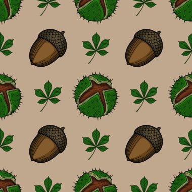 Detaylı meşe palamudu, kestane kabuğu ve at kestanesi yapraklarından oluşan kusursuz vektör deseni, tekstil baskıları veya düşme temalı arka planlar için zengin bir sonbahar tasarımı yaratıyor..