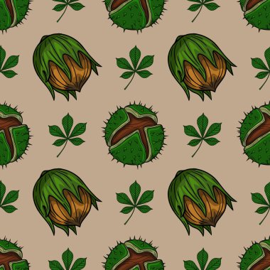 El yapımı kestanelerin kusursuz vektör deseni ve yaprakları klasik tarzda, hem açık hem de kapalı kestane kabuklarının ayrıntılı çizimleri sessiz bej arka planda.