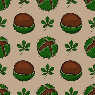 El yapımı kestane ve yaprakların kusursuz vektör deseni, sonbahar yeşili ve kahverengi tonlarda detaylı botanik illüstrasyonunu gösteriyor, sonbahar temalı tasarımlar için mükemmel..