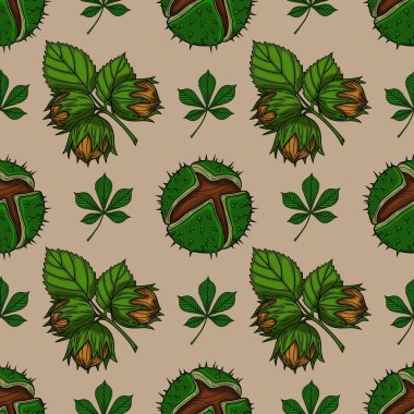 Elle çizilmiş fındık ve at kestanesi örnekleriyle kusursuz vektör deseni. Detaylı yapraklar ve bej bir arka plan. Sonbahar temalı tasarımlar için ideal..
