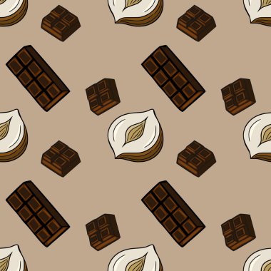 Fındık ve çikolataların kusursuz vektör desenleri el çizimi tarzında, tatlı ve lezzetli bir tasarım için eşsiz bir açık kahverengi arkaplan içeriyor..