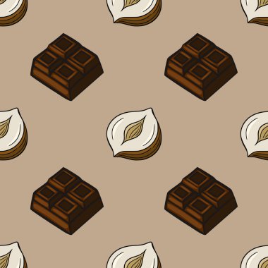 Çikolata ve fındıklı kusursuz vektör deseni. Paketleme ve mutfak tasarımları için mükemmel bir el çizimi çizimi çizimi..