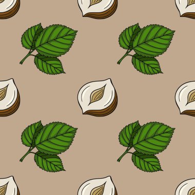 Fındık ve yapraklardan oluşan kusursuz vektör deseni, el çizimi bir stil, bütünün detaylı çizimleri ve yarı yarıya fındıklar, ve nötr bej arka plana karşı canlı yeşil yapraklar..