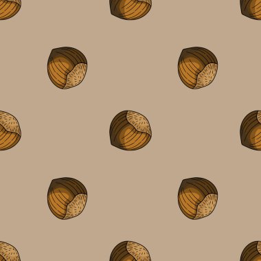 Taupe arka plan üzerinde gradyan gölgeleme ile fındıklı kusursuz vektör deseni, sonbahar tasarımları için ayrıntılı el çizimi biçimi.