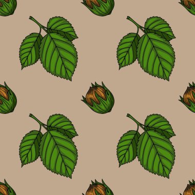Kabuklarındaki fındıkların kusursuz vektör deseni ve bej arka plandaki yeşil yapraklar, tekstil ya da duvar kağıdı için eşsiz bir sonbahar tasarımı..