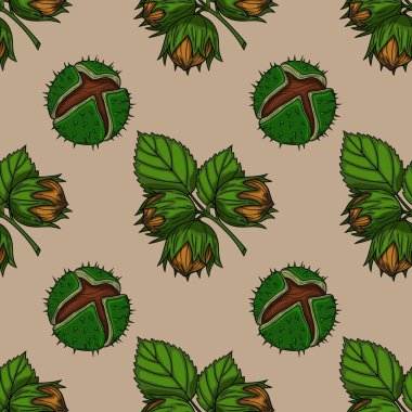 Bej arka planda yeşil yapraklı fındık ve kestanelerin kusursuz vektör deseni kırsal bir sonbahar tasarımı yaratıyor..