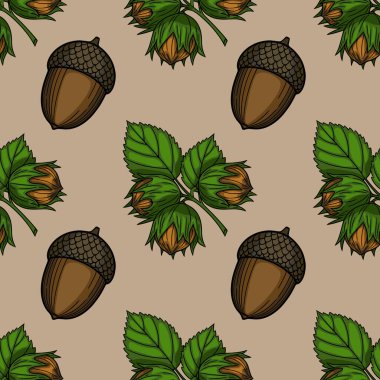 Bej arka planda el yapımı meşe palamudu ve fındıklı kusursuz vektör deseni, doğal sonbahar renk paletinde fındık ve yaprakların ayrıntılı çizimlerini içerir..