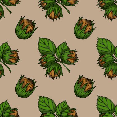 Bej arka planda yeşil yapraklı fındıklı kusursuz vektör deseni, sonbahar tasarımları ve ambalajlama için mükemmel..