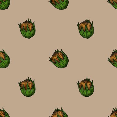 Kabuklarında elle çizilmiş fındıkların kusursuz vektör deseni, sessiz bej bir arka plan ve biçimlendirilmiş, hafif karikatürize çizim tarzı, sonbahar tasarımları için ideal..