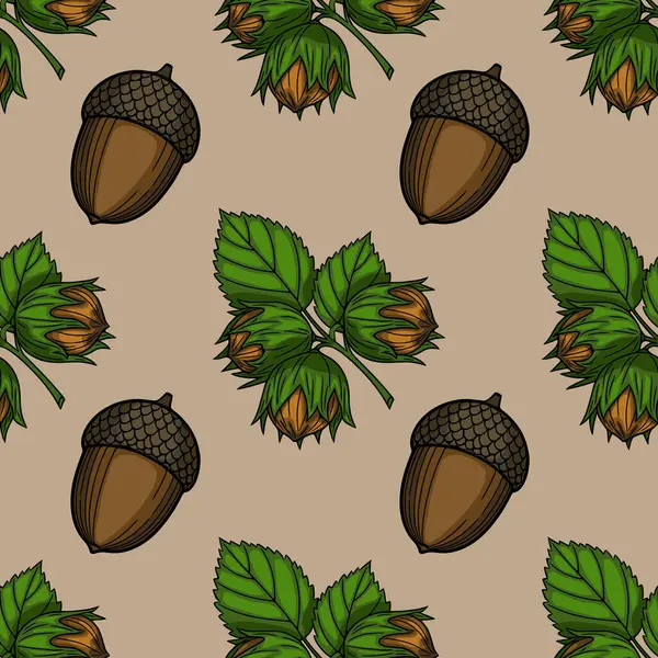 Bej arka planda el yapımı meşe palamudu ve fındıklı kusursuz vektör deseni, doğal sonbahar renk paletinde fındık ve yaprakların ayrıntılı çizimlerini içerir..