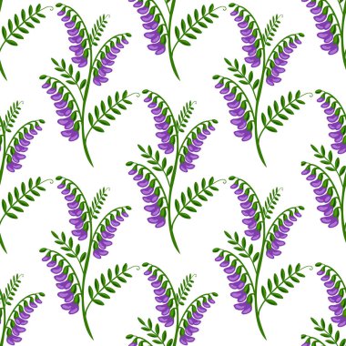 Sivri mor çiçekli ve yeşil yapraklı pürüzsüz çalı çiçeklerinin vektör deseni, tekstil baskıları veya bahar temalı halkla ilişkiler için hassas ve tekrarlayan bir çiçek tasarımı yaratıyor....