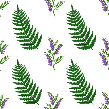 Şekillendirilmiş eğreltiotu yaprakları ve canlı yeşil ve mor renkte tütsülenmiş çiçek içeren kusursuz bir vektör deseni, tekstil tasarımı veya duvar kağıdı için ideal bir botanik illüstrasyon yaratır..