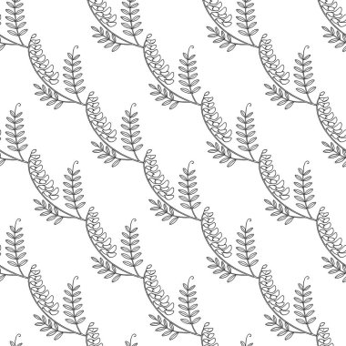 Zarif siyah ana hatların kusursuz vektör deseni. Beyaz arkaplandaki çiçek ve yapraklar, tekstil tasarımı veya duvar kâğıdı için mükemmel..