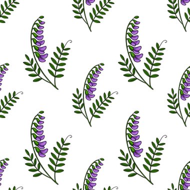 Canlı mor çiçekleri ve yemyeşil yaprakları olan pürüzsüz çiçek deseni, tekstil baskıları, duvar kağıtları ve yüzey tasarımları için idealdir..