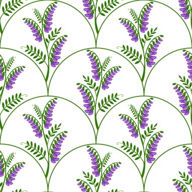 Zarif kavisli bukleli lüle çiçekleri içeren pürüzsüz vektör deseni canlı mor ve yeşil renklerde sofistike bir botanik tasarımı yaratıyor..