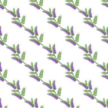 Sivri mor çiçekleri ve yeşil yaprakları olan, tekstil baskıları veya bahar temalı arka planlar için ideal, çapraz yinelenen bir dizayn ile düzenlenmiş, biçimlendirilmiş tüllü çalı çiçeklerinin kusursuz vektör deseni.