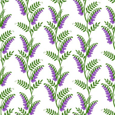Beyaz arka planda dikey olarak tekrar eden bir dizaynla düzenlenmiş, canlı mor çiçekleri ve yemyeşil yaprakları olan pürüzsüz tüllü çalı çiçeklerinin kusursuz vektör deseni.