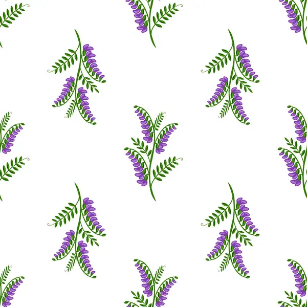 Beyaz bir arka planda tekrarlanan bir dizayn ile düzenlenmiş, canlı mor çiçekleri ve yemyeşil yaprakları olan pürüzsüz tüllü çeçe çiçeklerinin kusursuz vektör deseni.