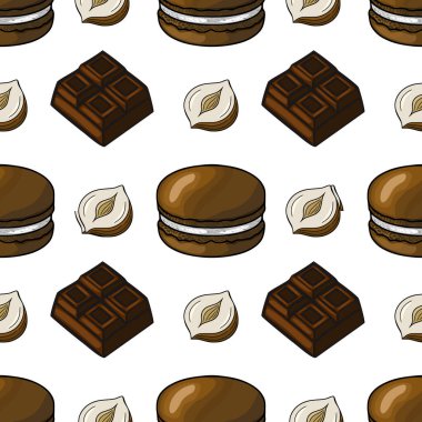 Çikolatalı badem kurabiyelerinden, fındıklı ve çikolatalı parçalardan oluşan kusursuz vektör deseni, zengin kahverengi tonlarıyla çizilmiş, şekerleme markalaşması veya tatlı temalı desi için mükemmel....