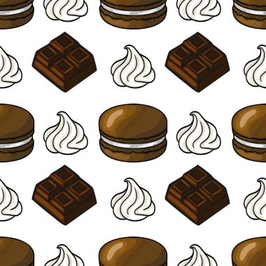 Lezzetli çikolatalı badem kurabiyelerinden, kremalı girdaplardan ve çikolatalardan oluşan kusursuz vektör deseni tatlı ve cezbedici bir tatlı tasarımı yaratıyor..