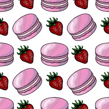 Pembe badem ve çileklerden oluşan kusursuz vektör deseni, pastane markalaşması ya da tatlı temalı tasarımlar için mükemmel tatlı ikramlarının mükemmel bir gösterimi..