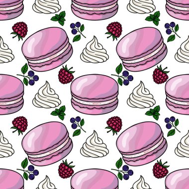Pembe makaronların kusursuz vektör deseni, çırpılmış krema, ahududu ve yaban mersini, fırın veya tatlı temalı tasarımlar için enfes bir örnektir..