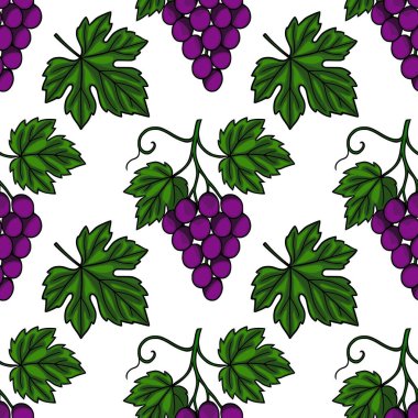 Elle çizilmiş mor üzüm ve yeşil asma yapraklarından oluşan kusursuz vektör deseni, çeşitli uygulamalar için mükemmel canlı ve doğal bir tasarım yaratıyor..