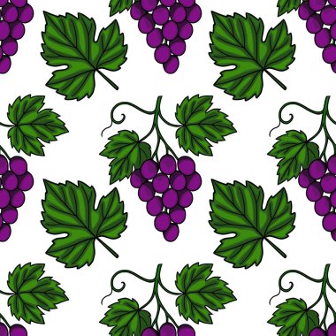 Elle çizilmiş mor üzüm ve yeşil asma yapraklarından oluşan kusursuz vektör deseni, çeşitli uygulamalar için canlı ve taze bir tasarım yaratıyor..