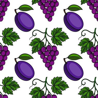 Canlı mor ve yeşil renklerde el yapımı erikler ve üzümler içeren kusursuz vektör deseni, çeşitli uygulamalar için mükemmel taze ve sulu bir tasarım yaratıyor..