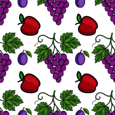 Beyaz zemin üzerinde el yapımı kırmızı elmaların, mor üzümlerin ve eriklerin kusursuz vektör deseni canlı ve neşeli bir meyve tasarımı oluşturur..