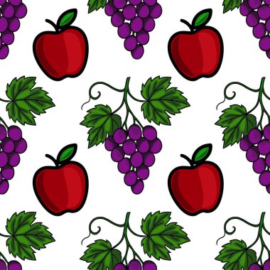 Şekillendirilmiş kırmızı elmalar ve yeşil yapraklı mor üzümler içeren kusursuz vektör deseni, çeşitli uygulamalar için canlı ve neşeli bir meyve tasarımı yaratıyor..