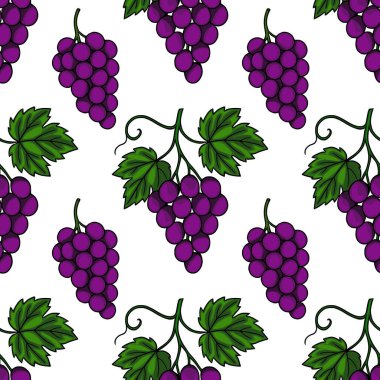 Elle çizilmiş yeşil yapraklı koyu mor üzüm demetlerinin kusursuz vektör deseni, canlı ve sulu bir illüstrasyon yaratıyor şarap etiketleri veya sonbahar tasarımları için mükemmel.