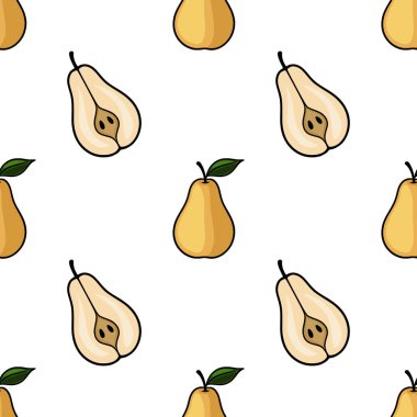 Elle çizilmiş armutların kusursuz vektör deseni, bütün ve yarıya indirilmiş meyveler, oyuncu, minimalist bir tarzda, klasik bir cazibe dokunuşuyla.