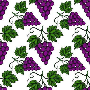Elle çizilmiş yeşil yapraklı mor üzüm demetlerinin kusursuz vektör deseni, çeşitli uygulamalar için canlı ve doğal bir tasarım yaratıyor..