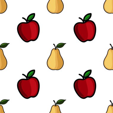 Alternatif kırmızı elmalar ve sarı armutlar içeren pürüzsüz vektör deseni, koyu, çizgi film tarzında, beyaz arka plana siyah çizgiler çizerek oyuncu ve canlı bir tasarım yaratıyor..
