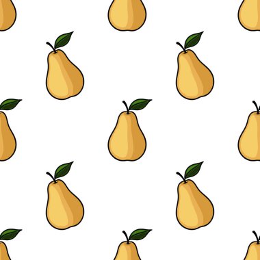 Beyaz arka planda yeşil yapraklı el yapımı armutların kusursuz vektör deseni, kalın hatları ve sıcak, sonbahar renk paleti ile basit, karikatüre benziyor..