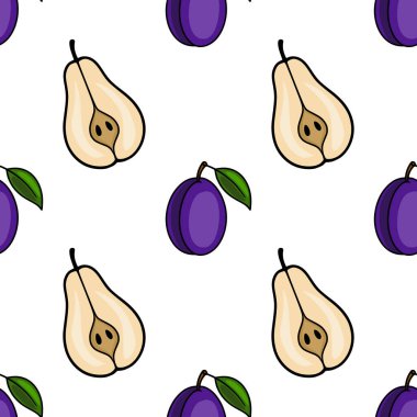 Canlı mor ve bej renk şemasına sahip, armut ve eriklerden oluşan kusursuz vektör deseni, mutfak veya yiyecekle ilgili tasarımlar için ideal..