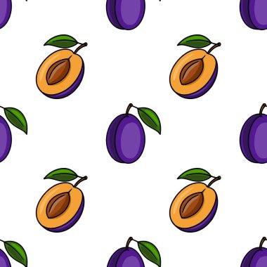 El yapımı eriklerin kusursuz vektör deseni: canlı mor ve turuncu renkleri olan, ayrıntılı çukur ve yaprak çizimlerine sahip, taze gıda ambalajı veya yaz temalı de...