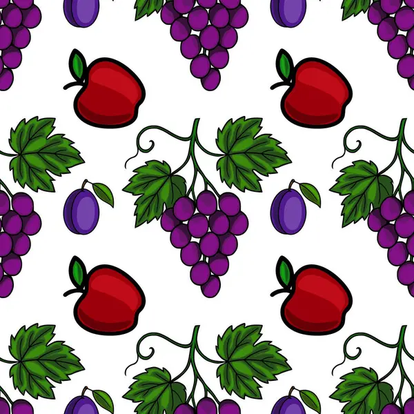 Beyaz zemin üzerinde el yapımı kırmızı elmaların, mor üzümlerin ve eriklerin kusursuz vektör deseni canlı ve neşeli bir meyve tasarımı oluşturur..