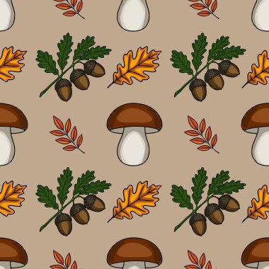 Sonbahar elementlerini içeren kusursuz vektör deseni: mantarlar, meşe yaprakları ve dallar, sonbahar temalı projeler için büyüleyici ve kırsal bir tasarım yaratmak.