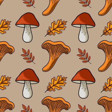 Elle çizilmiş kırmızı ve turuncu mantar, meşe yaprakları ve sonbahar yaprakları örneklerini içeren kusursuz vektör deseni, rustik ve canlı bir sonbahar tasarımı oluşturur..