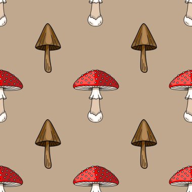 Beyaz noktalı ve kahverengi mantarlı kırmızı mantarların el çizimi resimlerini içeren kusursuz bir vektör deseni, soluk bej arka plan üzerine kurulmuş, büyüleyici bir sonbahar tasarımı yaratıyor..