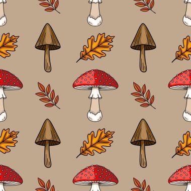 Tarafsız bir arka planda el yapımı sonbahar mantarları, meşe yaprakları ve böğürtlen dallarını içeren kusursuz vektör deseni büyüleyici ve kırsal bir sonbahar tasarımı yaratıyor..