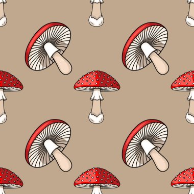 Elle çizilmiş kırmızı ve beyaz mantarların çeşitli detaylarla betimlemelerini içeren kusursuz bir vektör deseni, tekstil ve dijital arka planlar için mükemmel bir sonbahar tasarımı oluşturur..