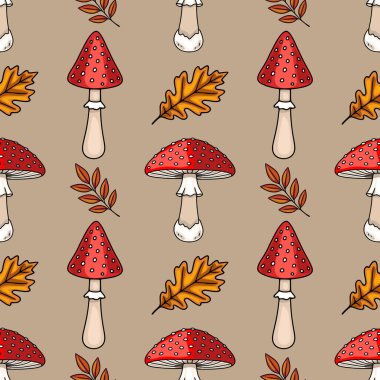 Elle çizilmiş kırmızı mantar, meşe yaprakları ve bej bir arka planda sonbahar dalları içeren kusursuz vektör deseni büyüleyici bir sonbahar tasarımı yaratıyor..