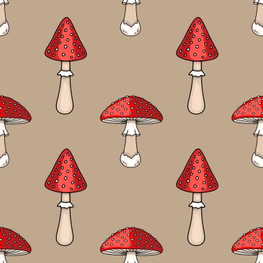 Beyaz benekli kırmızı mantarların el yapımı resimlerini içeren kusursuz vektör deseni, klasik ve stilize şekiller arasında değişen, sessiz bir bej arka planda..