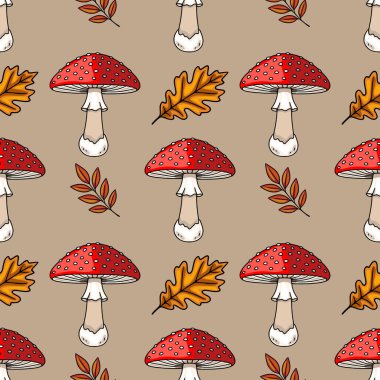 Güz meşe yaprakları ve dallarıyla birbirine karışmış canlı kırmızı sineksi mantarların el çizimi resimlerini içeren pürüzsüz vektör deseni, sessiz, sarkık bir arkaplan oluşturarak......