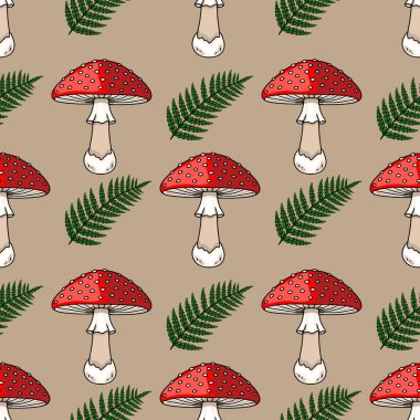 Beyaz noktalı ve yemyeşil eğreltiotu yapraklı canlı kırmızı zehirli mantar resimlerini içeren kusursuz bir vektör deseni sessiz bej arka planda büyüleyici bir sonbahar tasarımı yaratıyor..