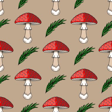 Beyaz noktalı canlı kırmızı mantar resimlerini içeren kusursuz vektör deseni, yeşil çam dallarıyla karışmış, büyüleyici bir sonbahar tasarımı yaratıyor..