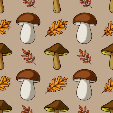 Elle çizilmiş kahverengi mantar ve sonbahar yapraklarının hoş ve doğal bir sonbahar tasarımı yaratarak sıcak ve topraksı tonlarını gösteren kusursuz bir vektör deseni..